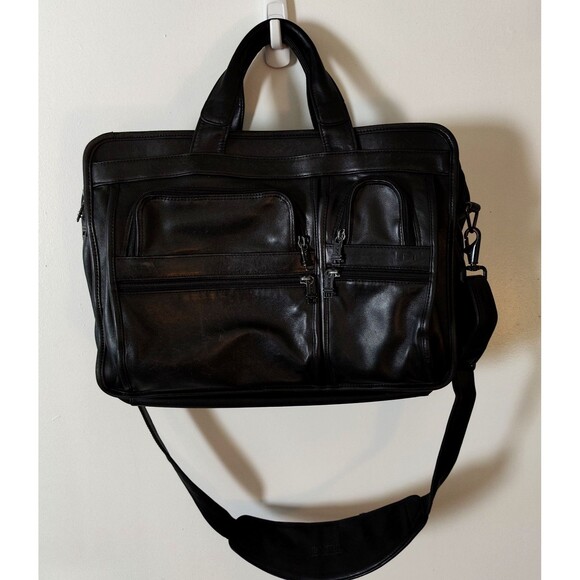 Tumi Alpha Tpass Black Expandable Leather Briefcase Carryon Bag Strap - Picture 2 of 15